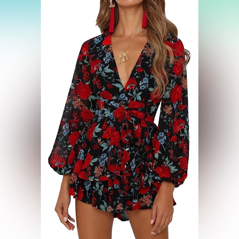 Women's Romper Floral Print V Neck Baggy Sleeve Waist Tie Layered Ruffle Hem